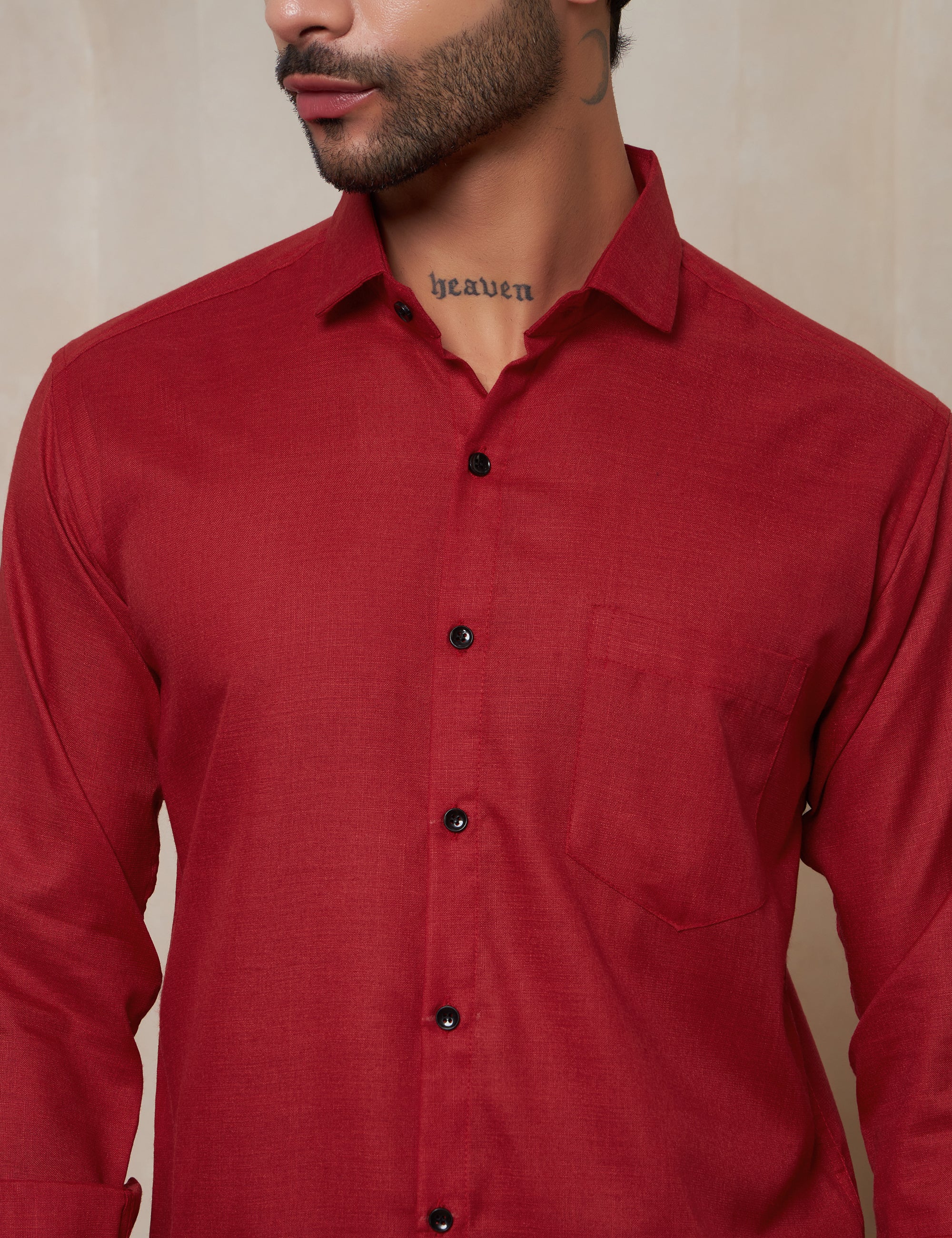 Men's Ruby Red Structured Spread Collar Cotton Shirt