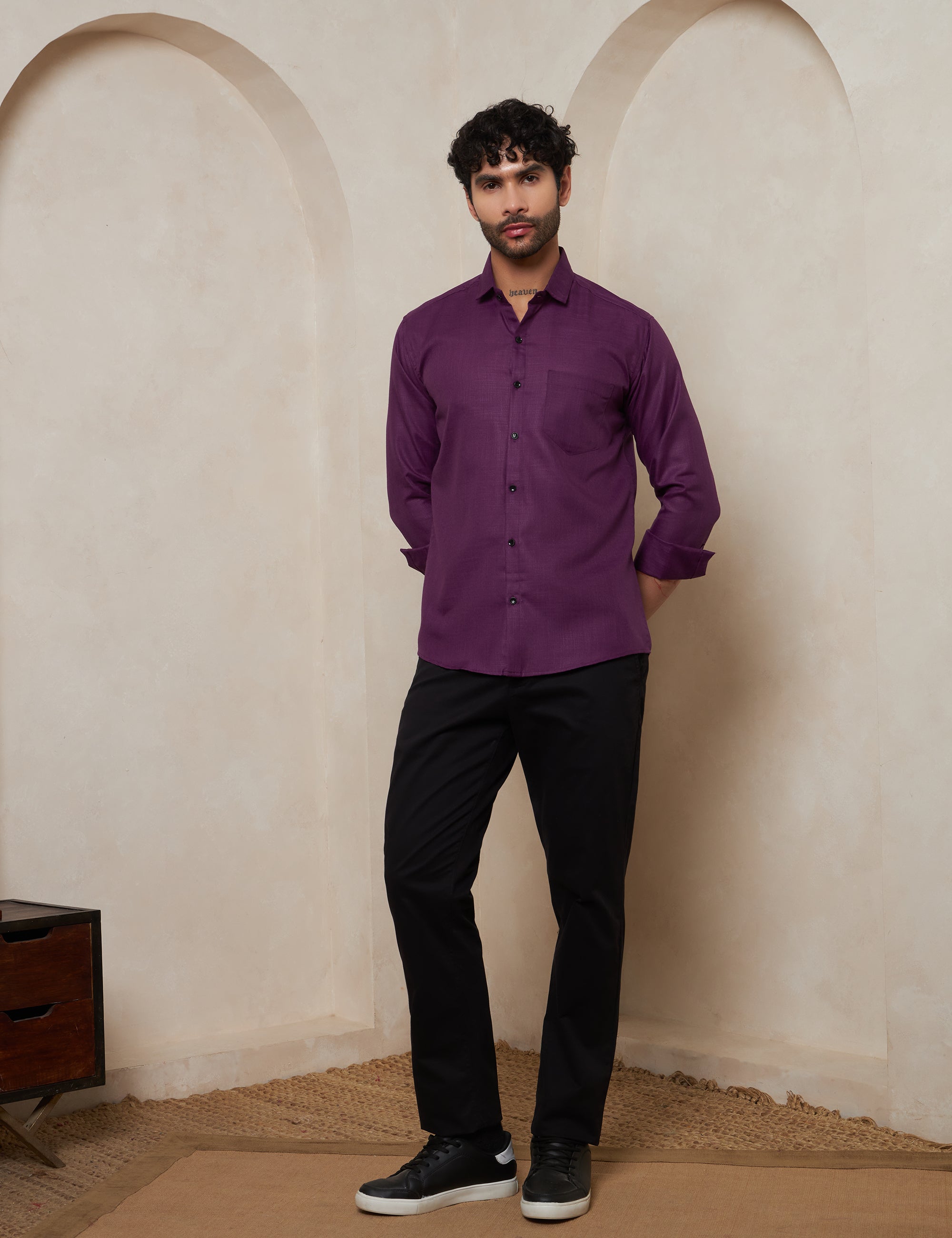 Men’s Deep Plum Purple Textured Cotton Formal Shirt