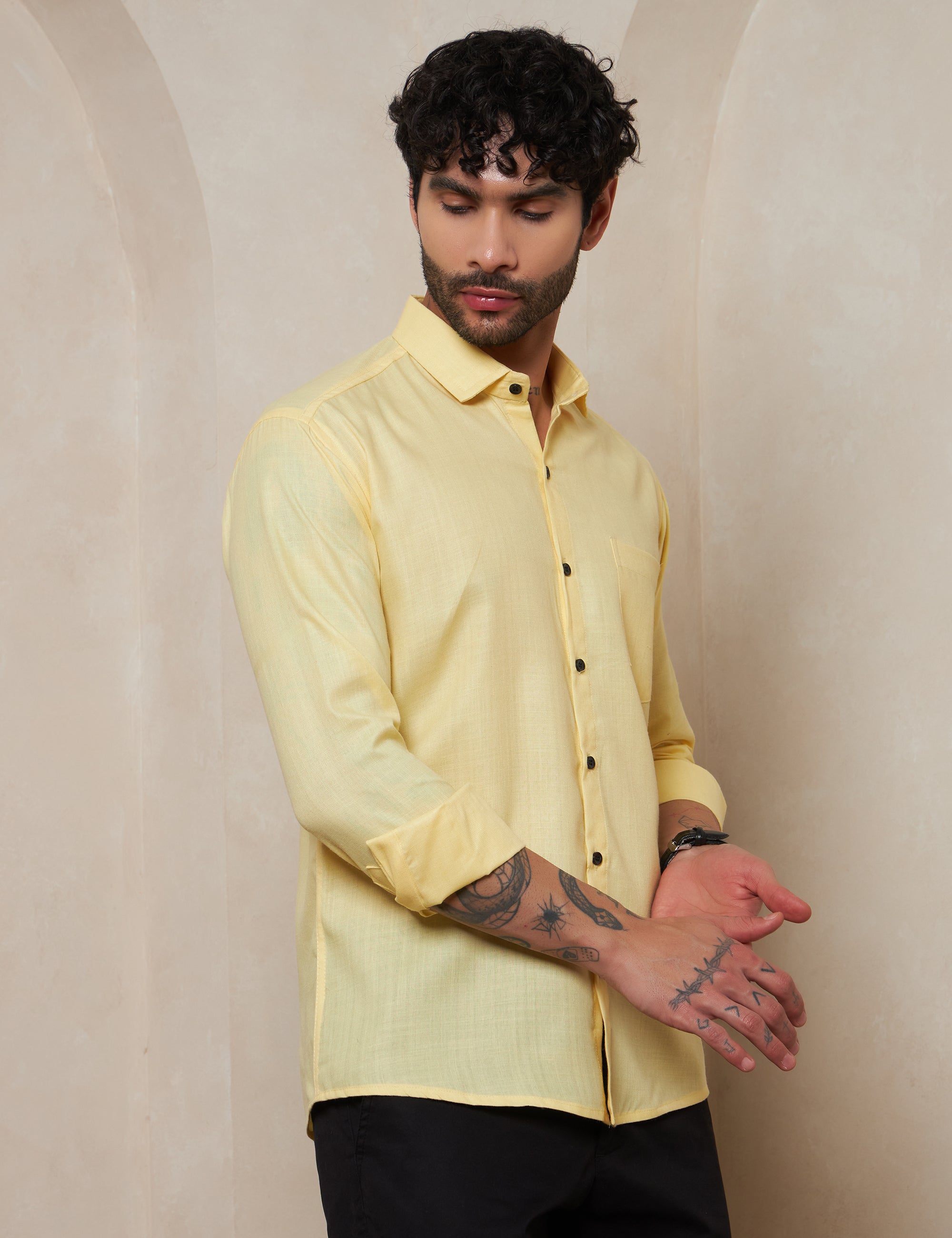 Pastel Yellow Solid Button-Down Shirt with Contrast Buttons