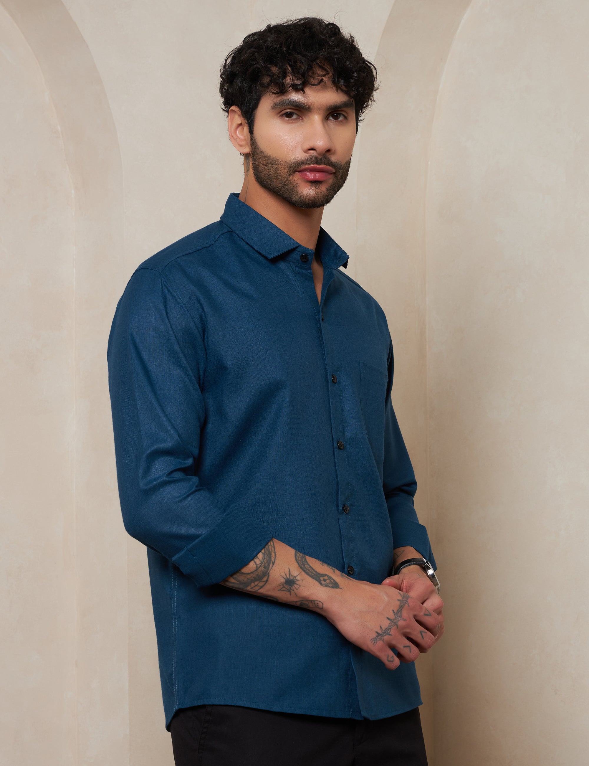 Men’s Slim Fit Teal Blue Textured Cotton Formal Shirt