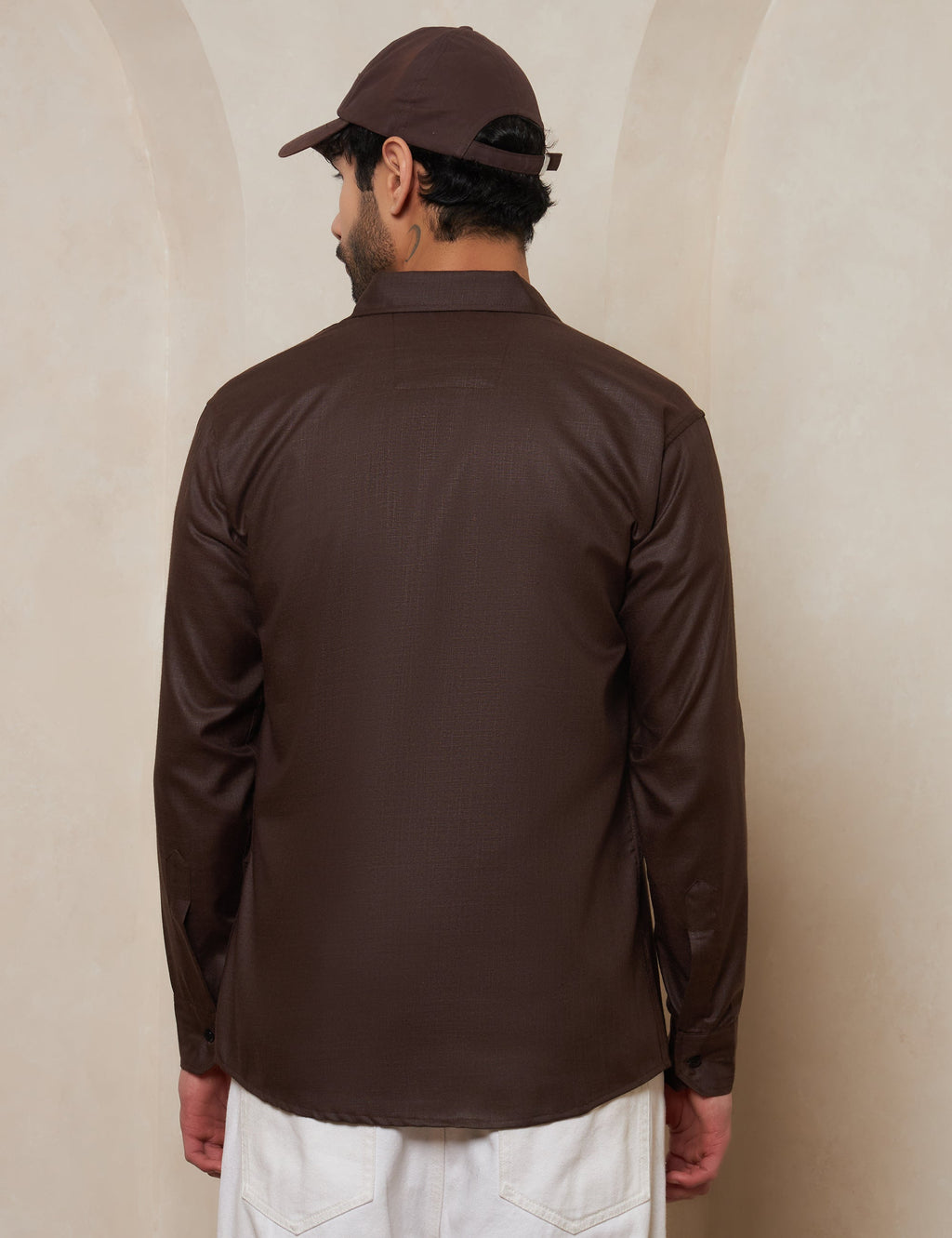 Espresso Textured Cotton Shirt with Mitered Cuffs