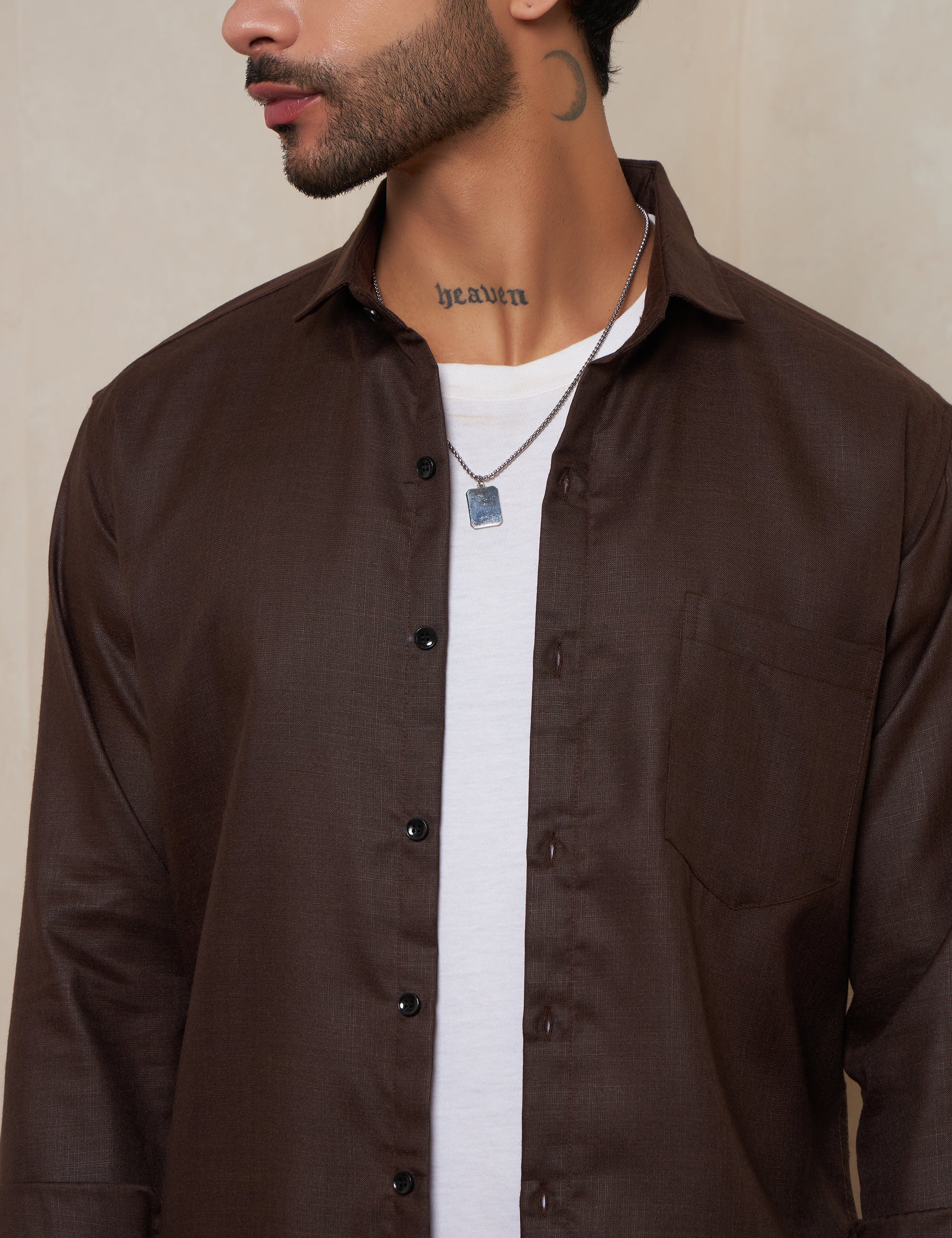 Espresso Textured Cotton Shirt with Mitered Cuffs
