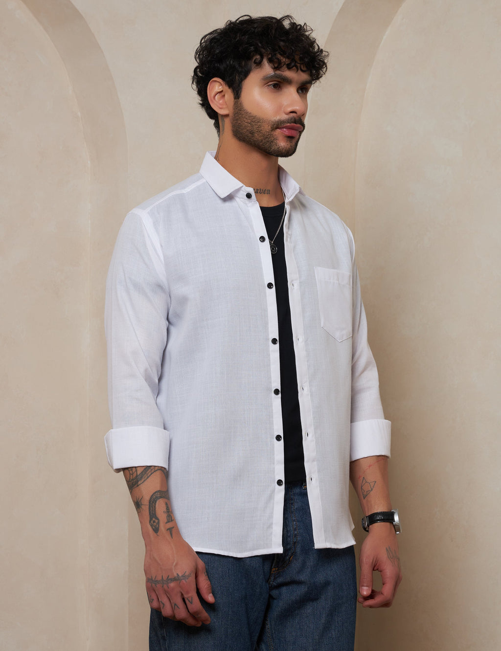 Men’s White Solid Linen-Look Casual Shirt with Contrast Buttons