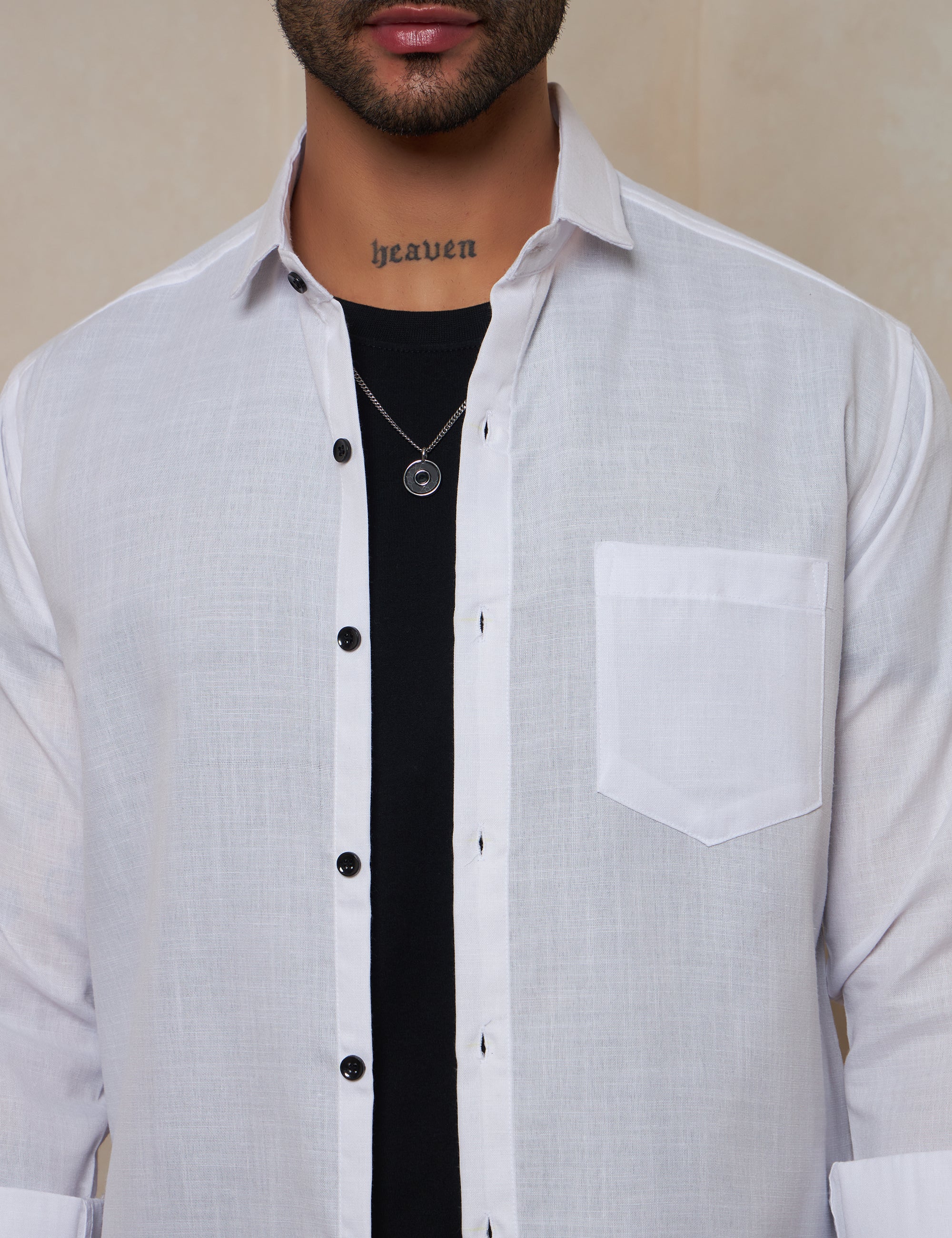 Men’s White Solid Linen-Look Casual Shirt with Contrast Buttons