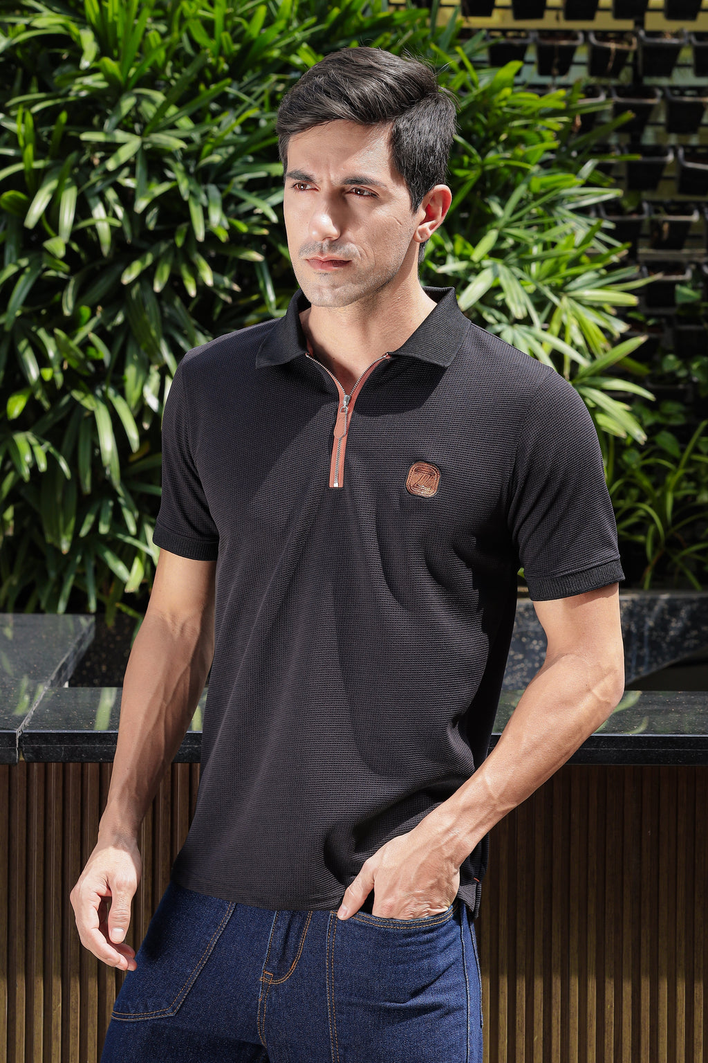 Men's Black Embroidery Logo Half Sleeve T-Shirt | PT-02