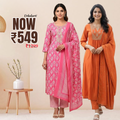 Pack of 2 Premium Cotton Kurtis with Pant & Dupatta – Casual Ethnic | C-02