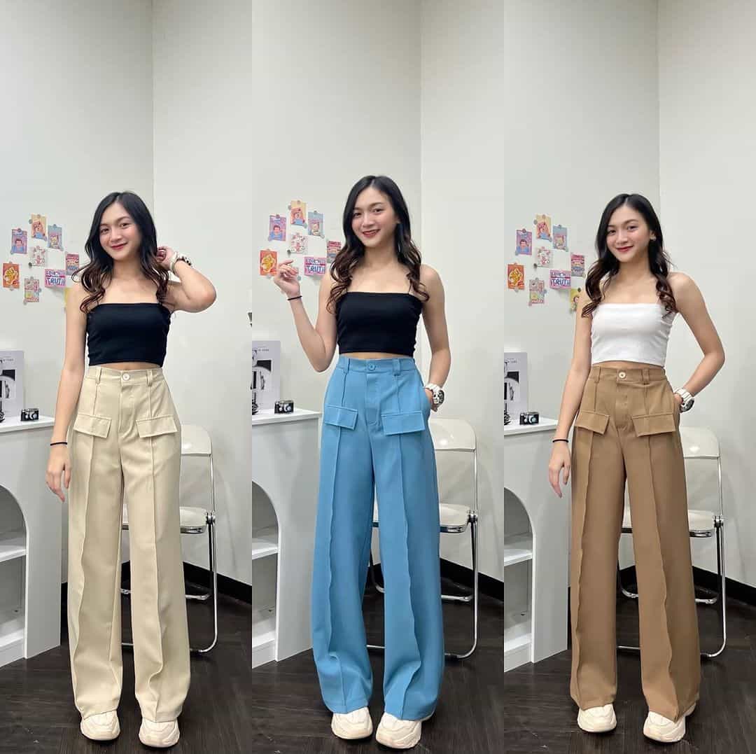 SALE LIVE !! (PACK - 3) Straight-leg pants with horizontal pockets made of ruby