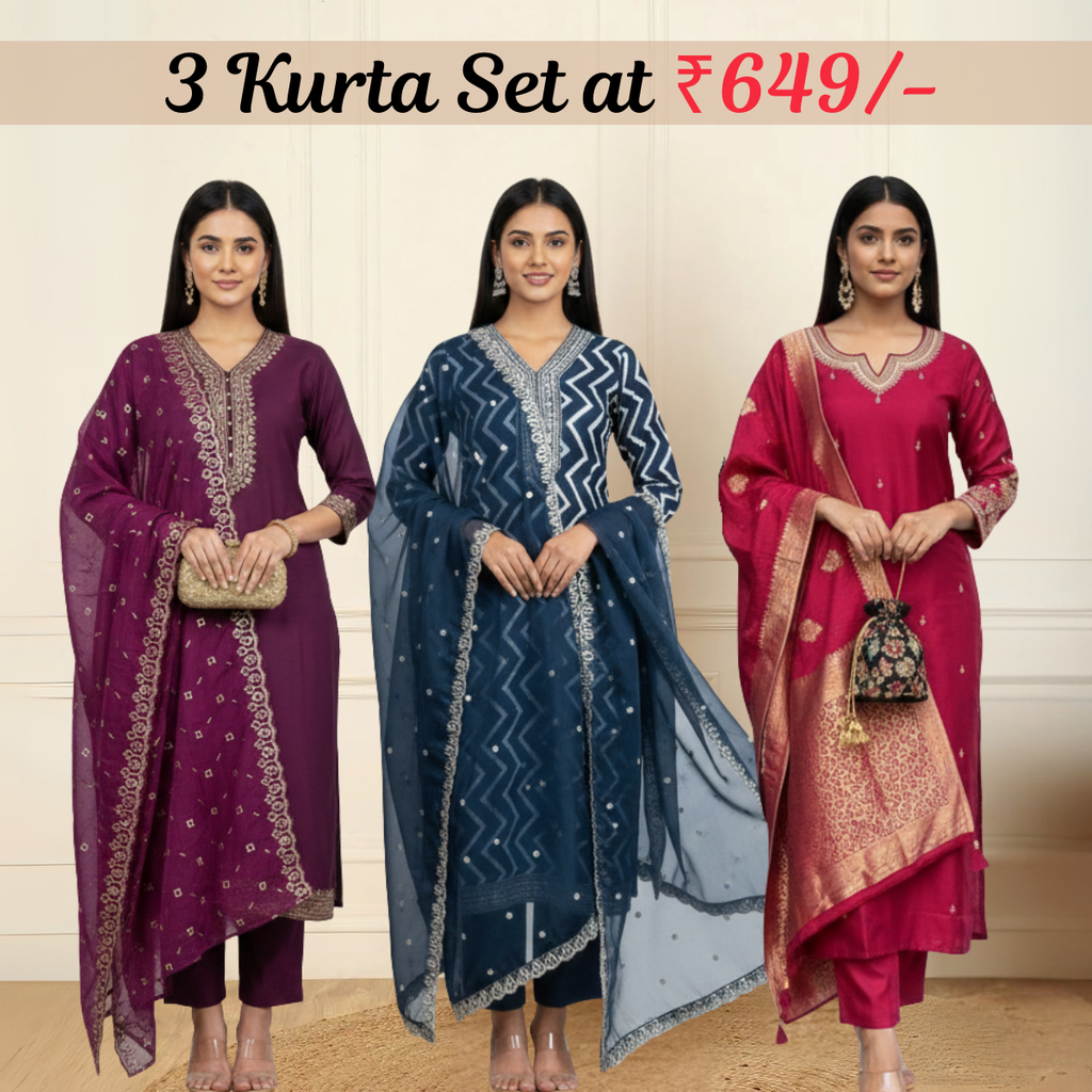 Women's Pack of 3 Pure Cotton Kurtas with Dupatta ||C-07