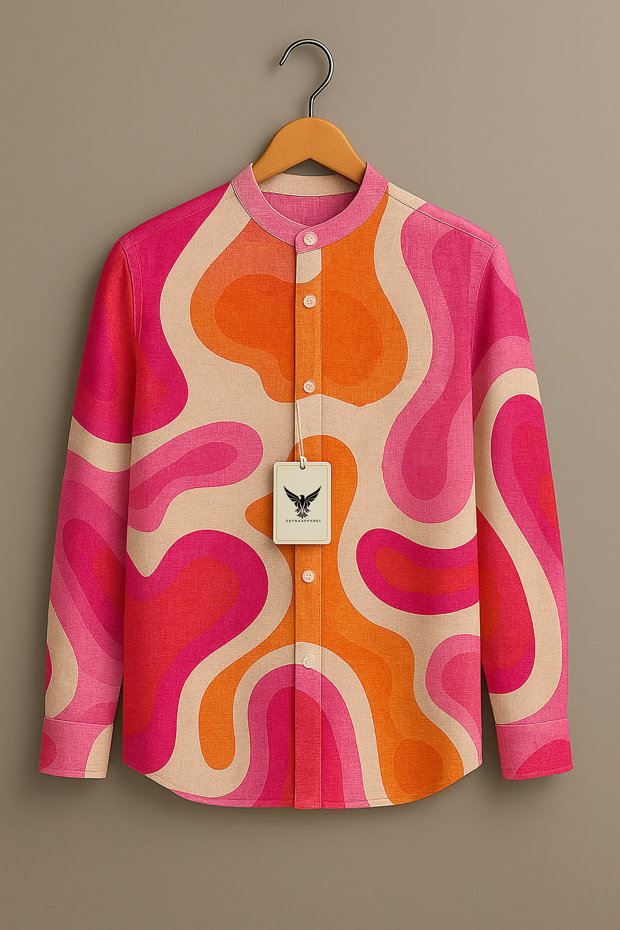 Vibrant Pink & Orange Abstract Wave Print Band Collar Shirt