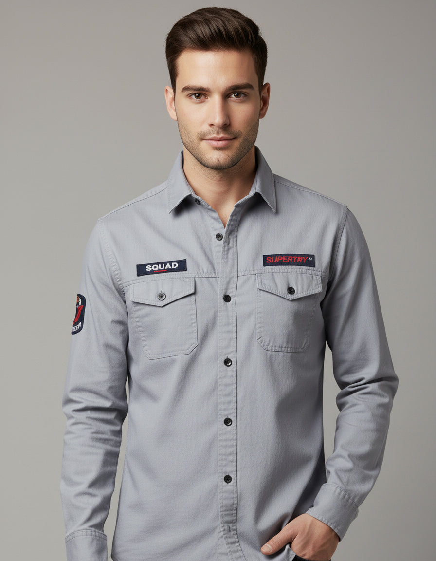 Men's Slim Fit Grey Casual Shirt | Utility Pockets & Tactical Patches