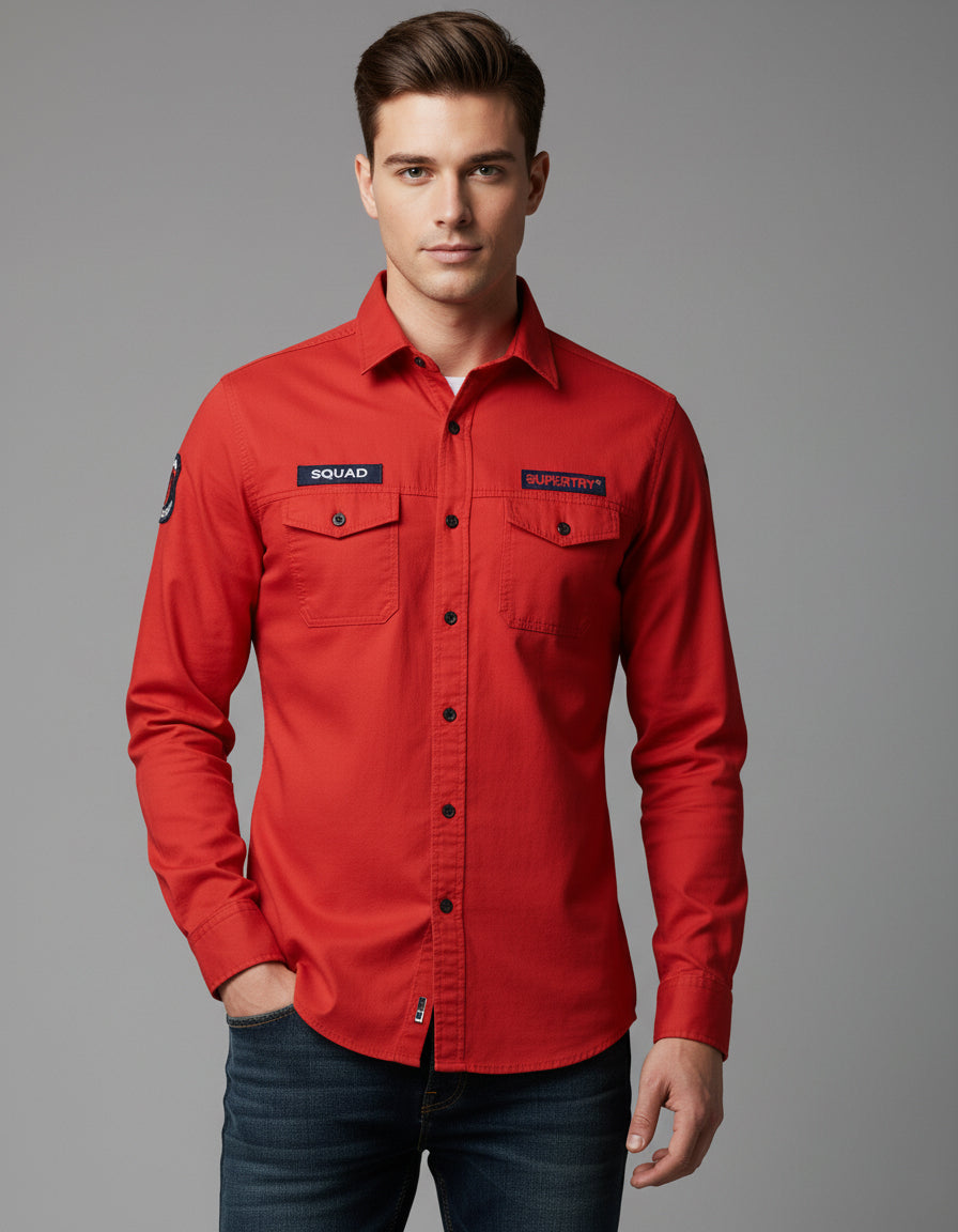 Utility Style Red Shirt with 'Squad' Patches | Button-Down Casual Wear