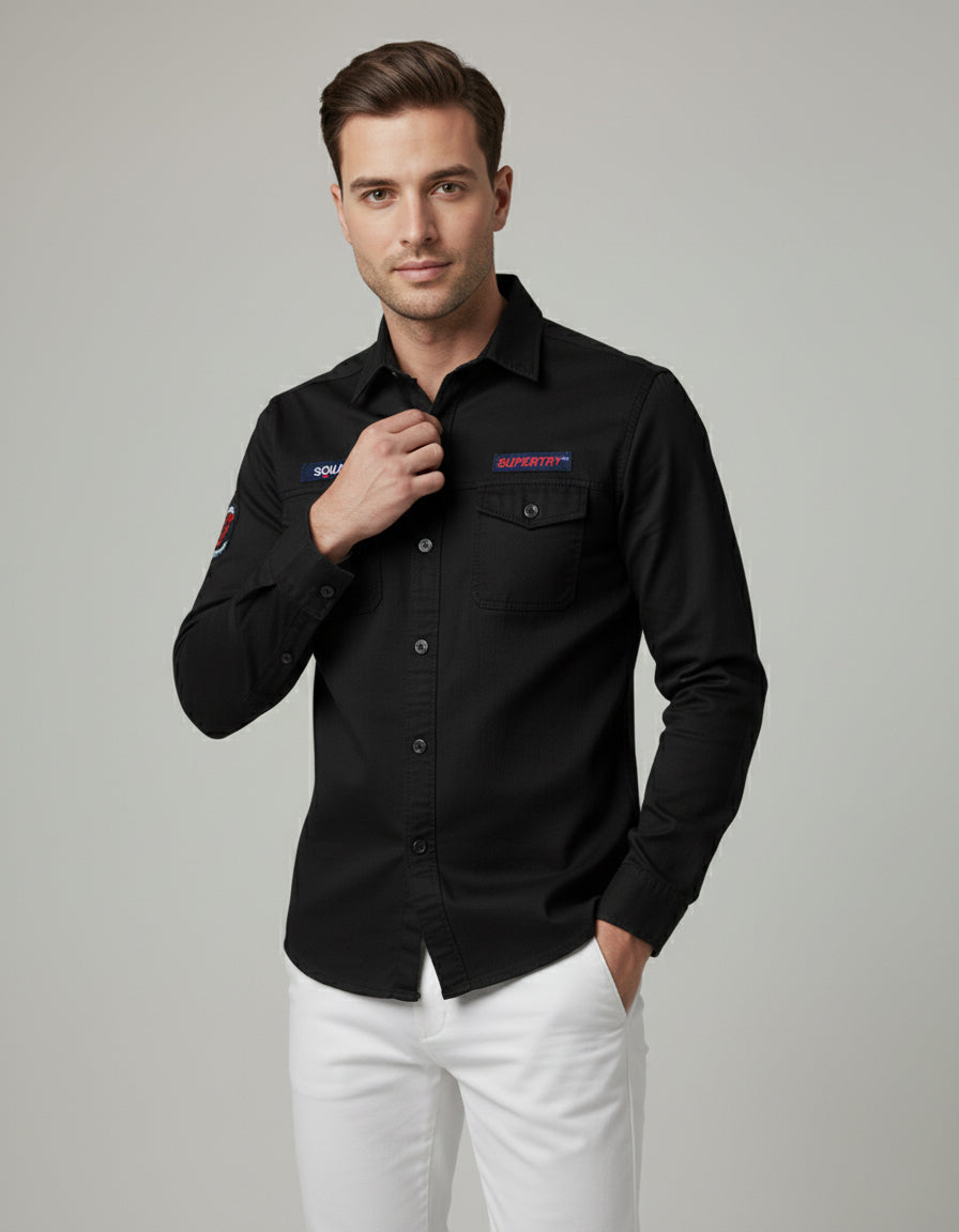 Men's Black Slim Fit Casual Shirt with Utility Pockets & Patches