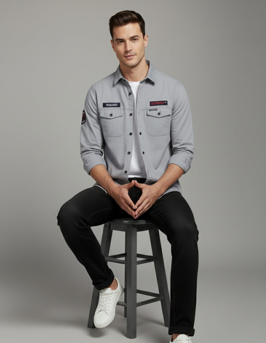 Men's Slim Fit Grey Casual Shirt | Utility Pockets & Tactical Patches