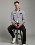 Men's Slim Fit Grey Casual Shirt | Utility Pockets & Tactical Patches