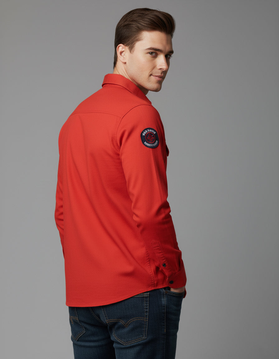 Utility Style Red Shirt with 'Squad' Patches | Button-Down Casual Wear