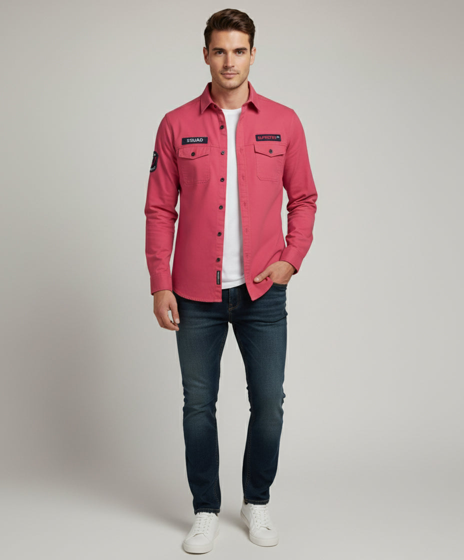The Bold Statement Pink Casual Shirt | Patched Utility Style