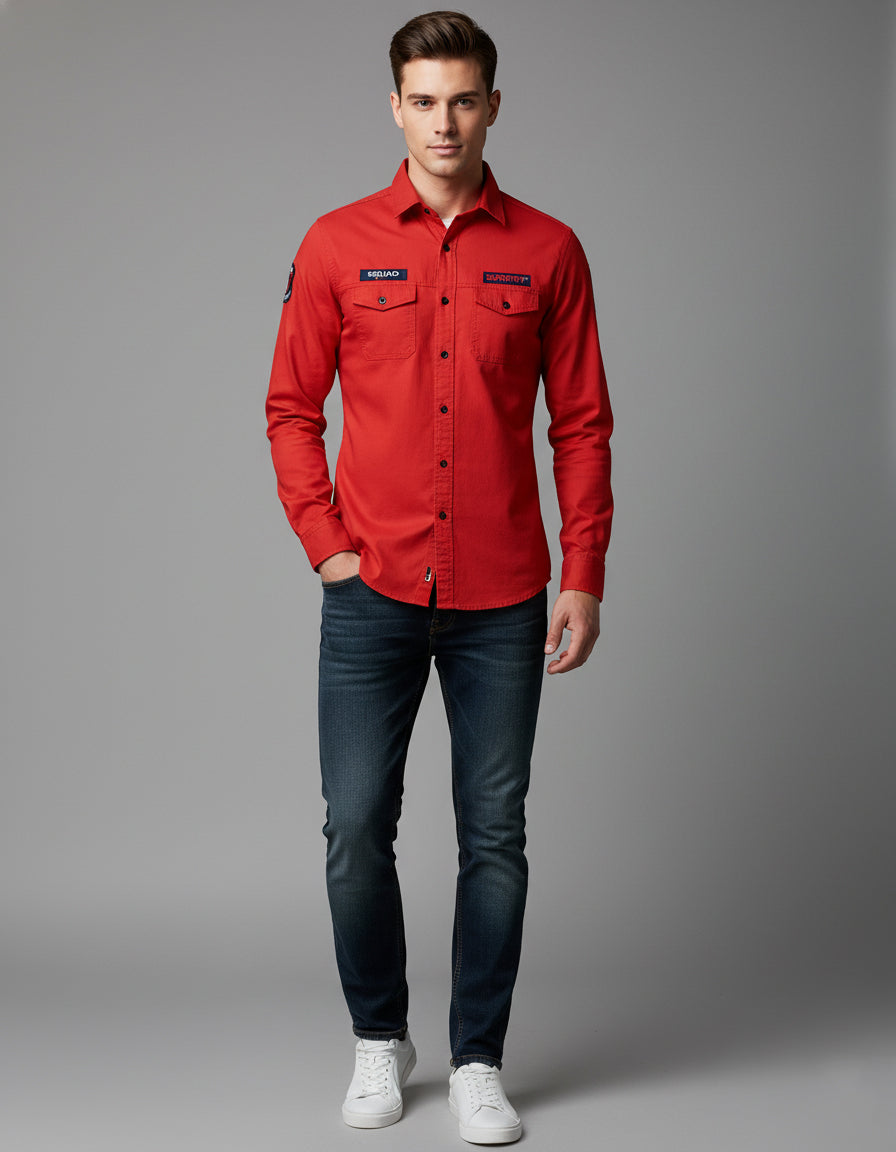 Utility Style Red Shirt with 'Squad' Patches | Button-Down Casual Wear