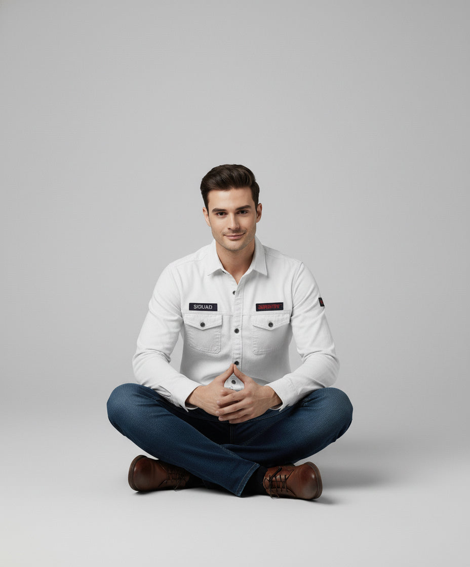 Men's White Full Sleeve Shirt with Patches