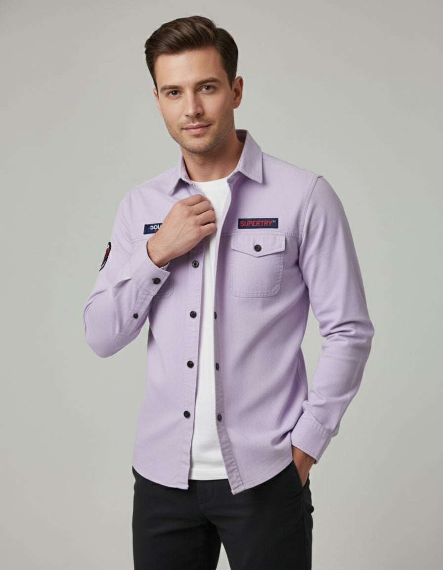 Men's Solid Pastel Purple Shirt with Logo Appliqués | Double Pocket
