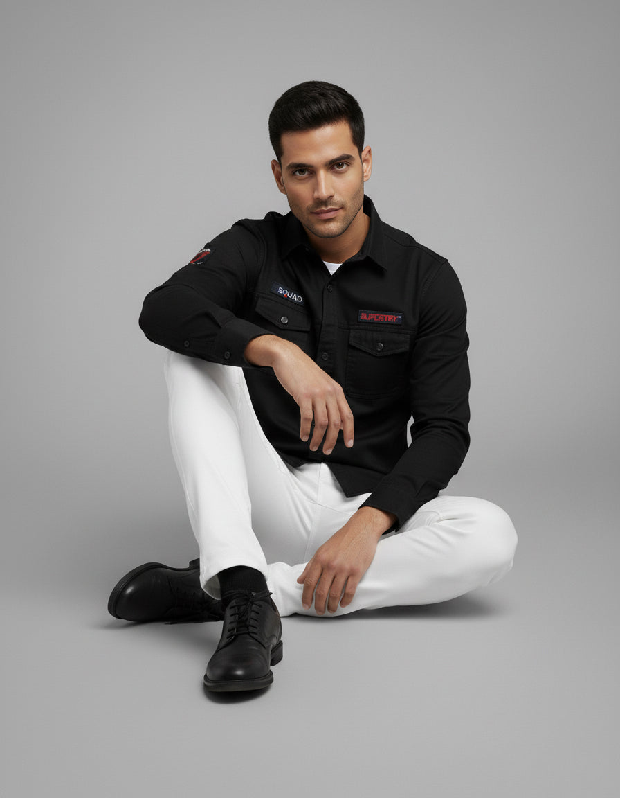 Men's Black Slim Fit Casual Shirt with Utility Pockets & Patches