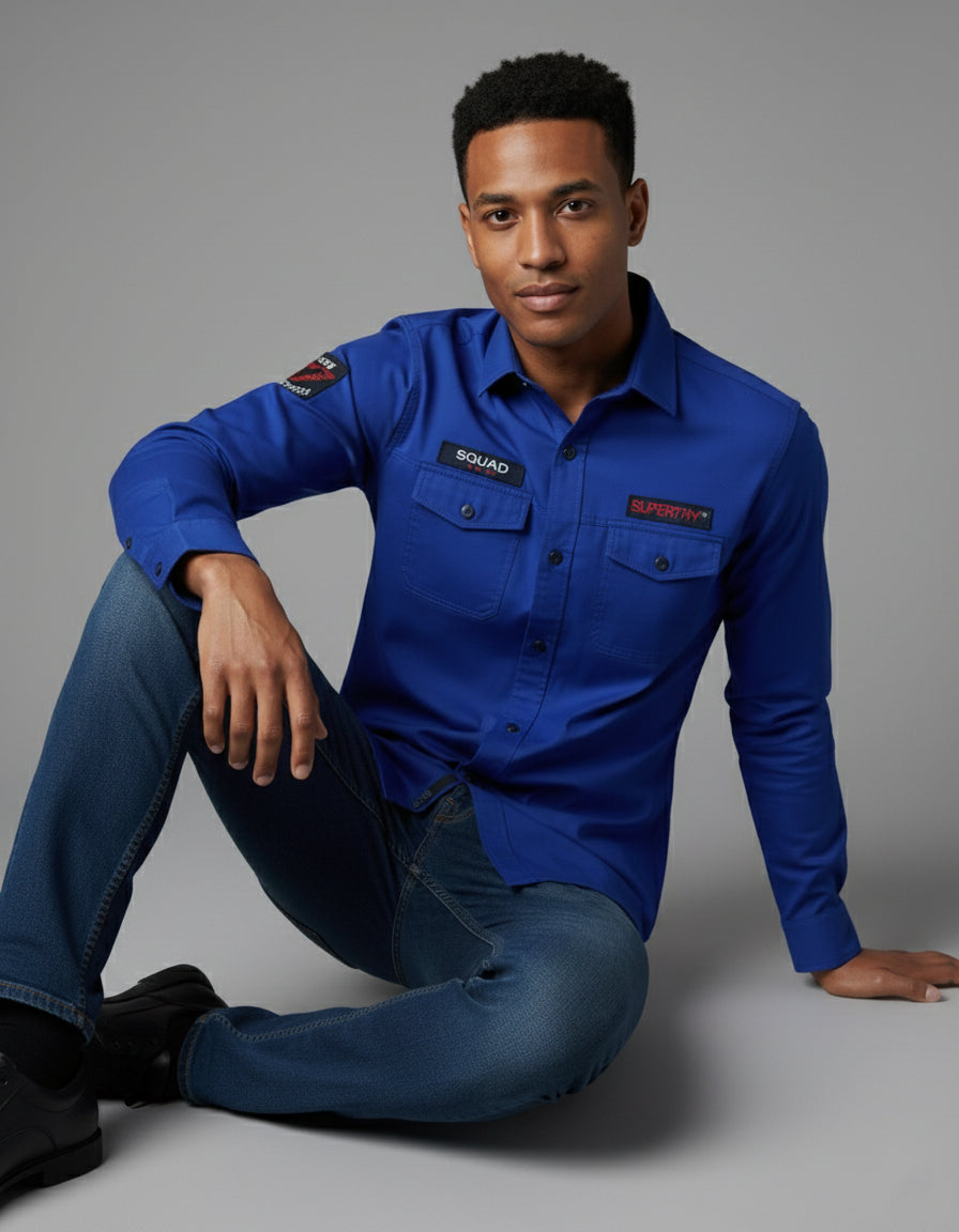 The Bold Cobalt Blue Casual Shirt | Patched Utility Style