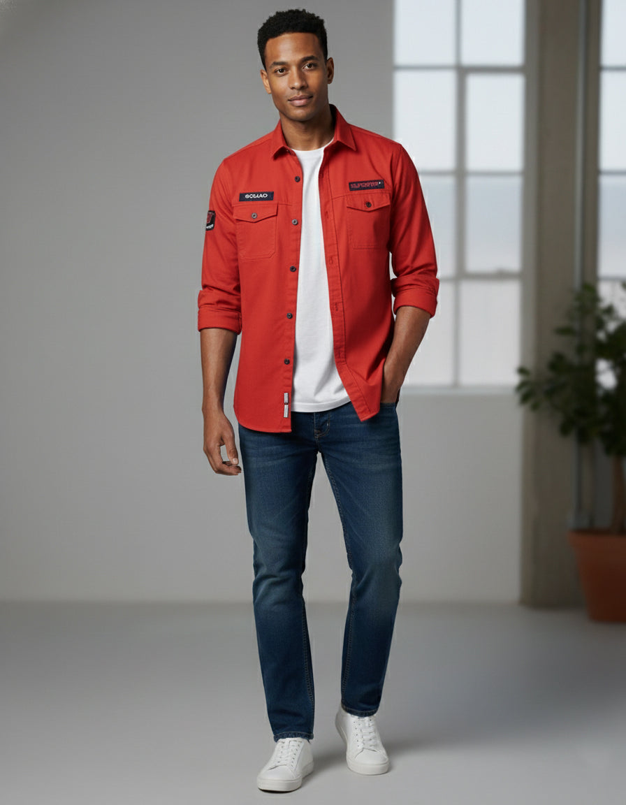 Utility Style Red Shirt with 'Squad' Patches | Button-Down Casual Wear