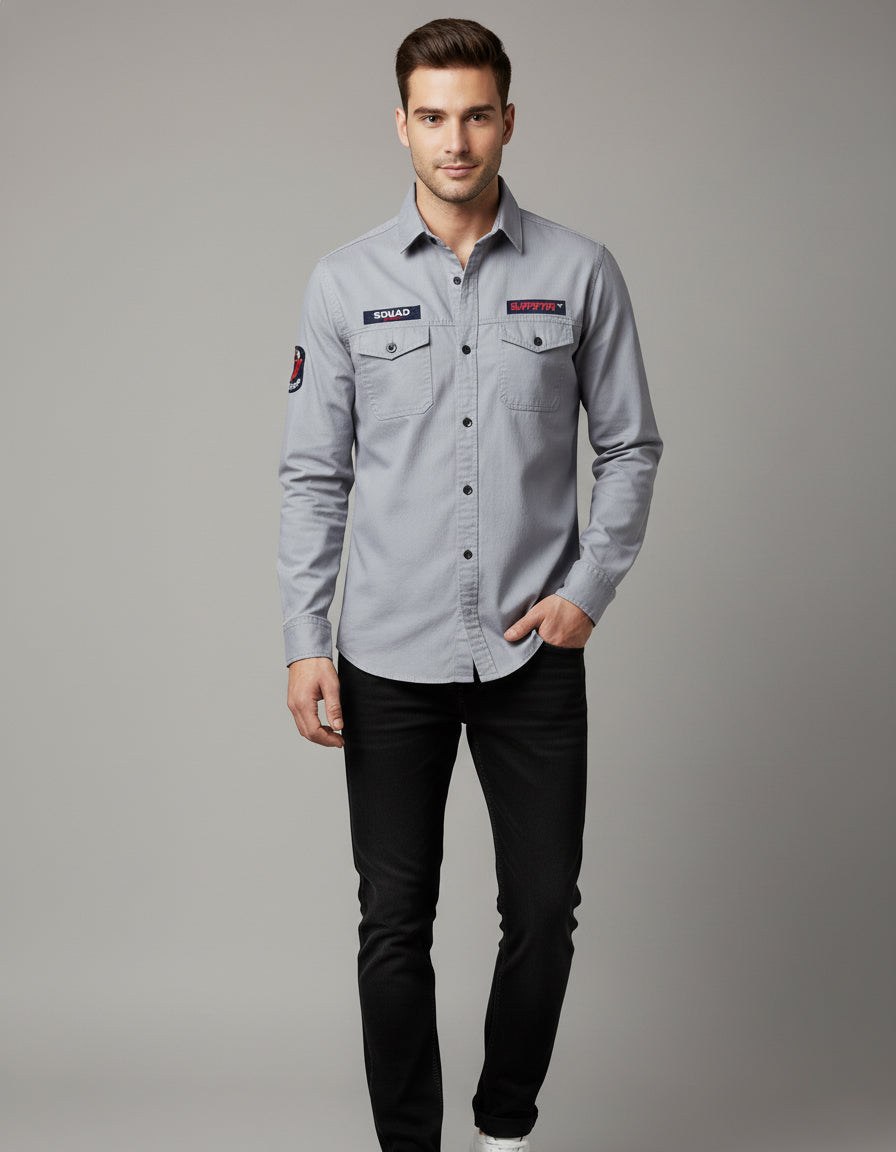 Men's Slim Fit Grey Casual Shirt | Utility Pockets & Tactical Patches