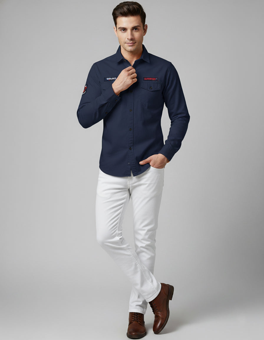 Utility Style Navy Shirt with 'Squad' Patches | Button-Down Casual Wear