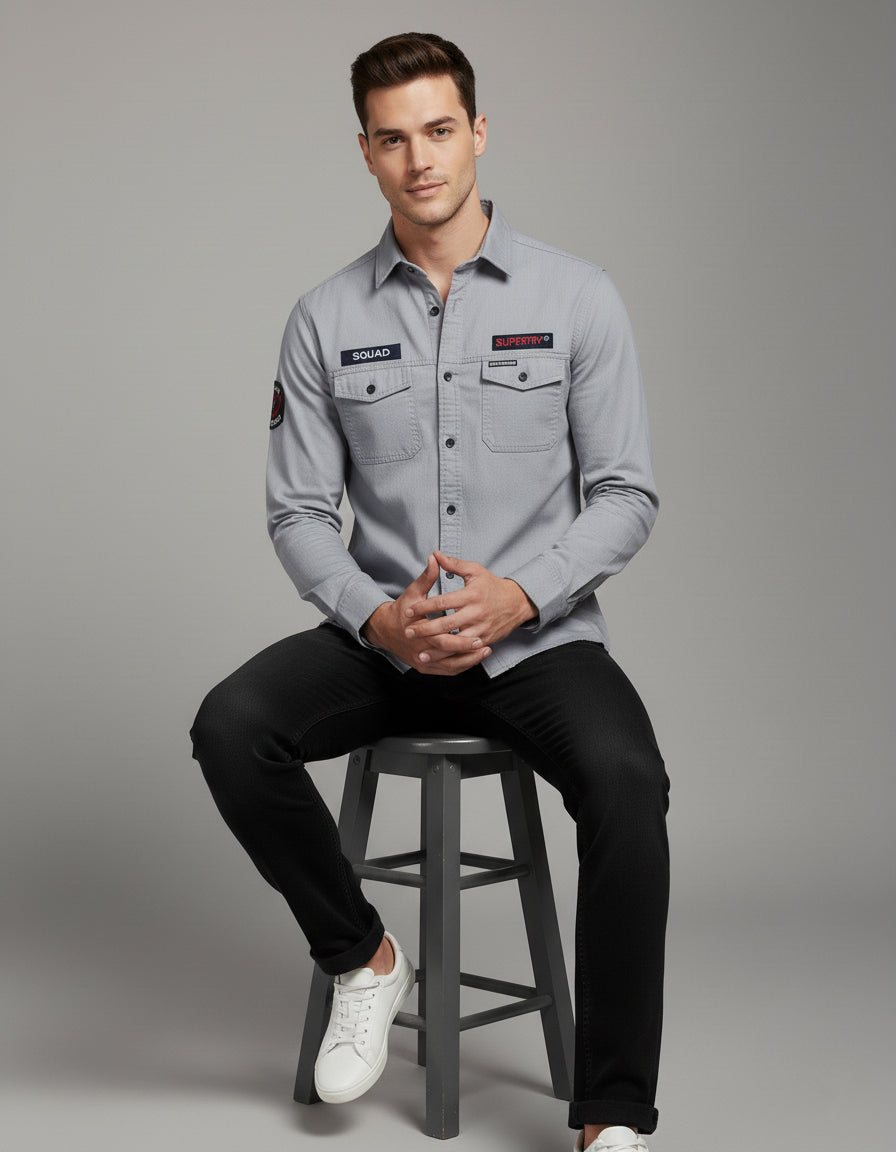 Men's Slim Fit Grey Casual Shirt | Utility Pockets & Tactical Patches