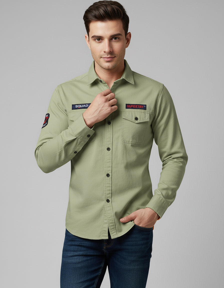 Light Olive Slim Fit Utility Shirt with Chest Pockets