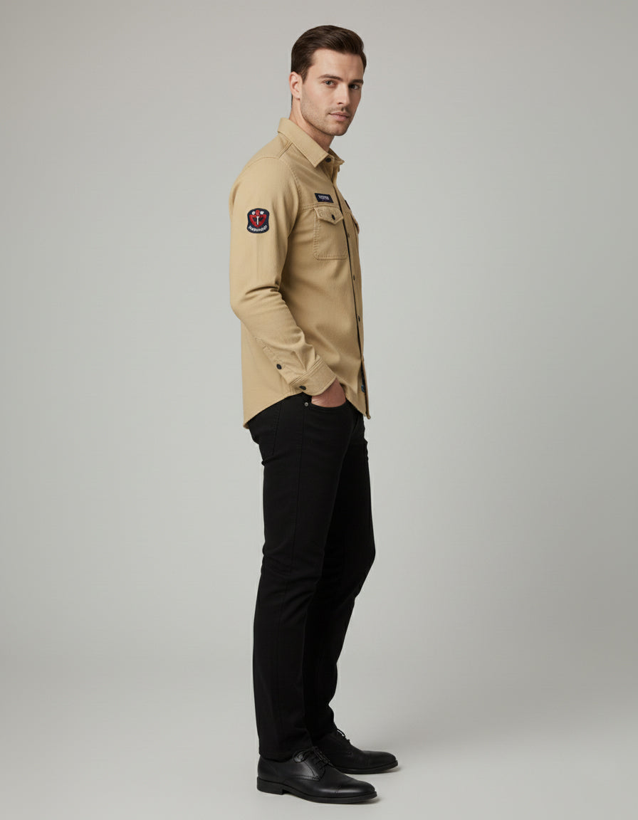 Khaki Designer Casual Shirt for Men | Tactical Patches | Full Sleeve Slim Fit