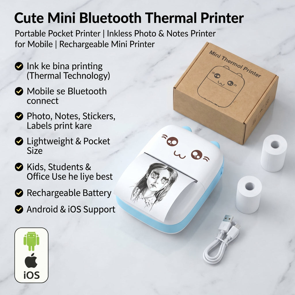 Cute Mini Bluetooth Thermal Printer - Portable Inkless Pocket Printer for Kids & Adults