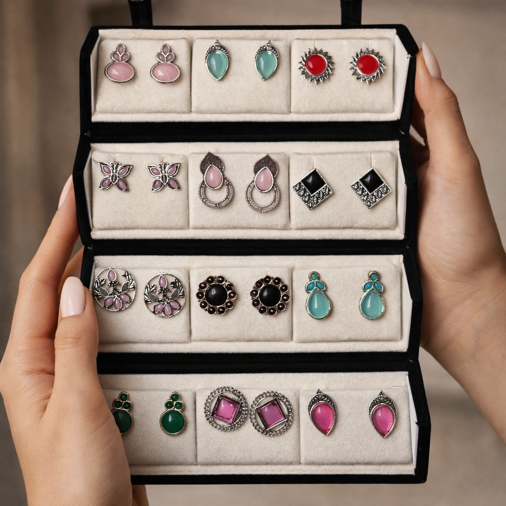 Set Of 12 Oxidized Stud Earrings With Premium  Jewelry Box