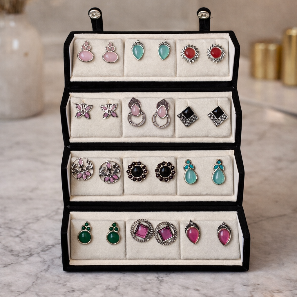 Set Of 12 Oxidized Stud Earrings With Premium  Jewelry Box