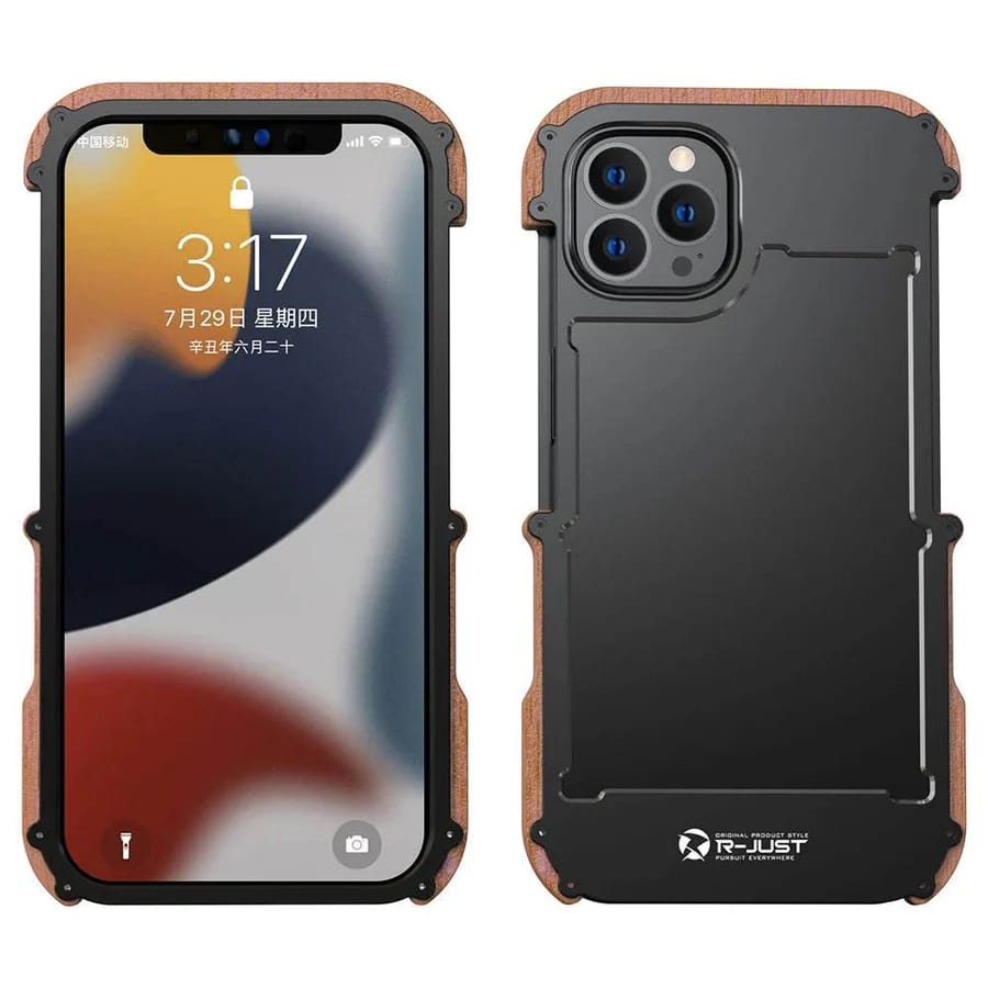 R-Just Aluminium Natural Wood Anti Shock Bumper Case for iPhone