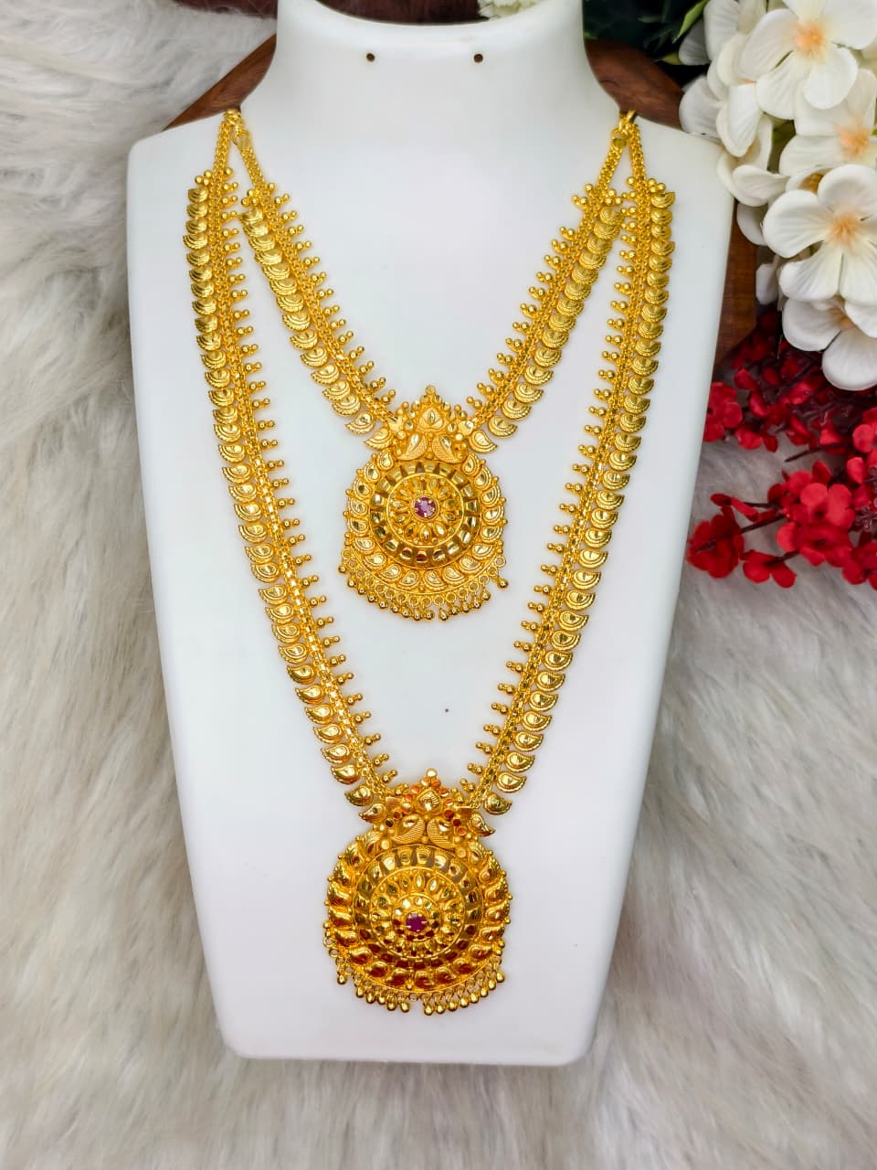 1 Gram Gold Plated Matte Finish Haram Necklace Combo for Women – Traditional Bridal Jewellery